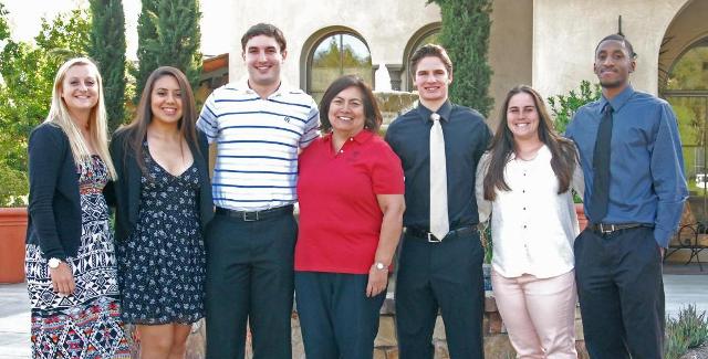 The 2014 Athletic Hall of Fame scholarship winners, from left to right, Heather Robertson, Katie Delgado, Kevin Horn, SAC President Dr. Erlinda Martinez, Austin Schaefer, Danielle Hernandez and Cammie Lewis.