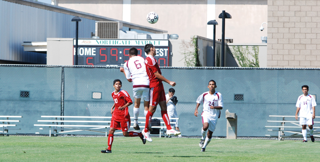 Ricardo Gonzalez out jumps a Norco player to win a ball in the air in the Dons 8-0 win over the Mustangs.