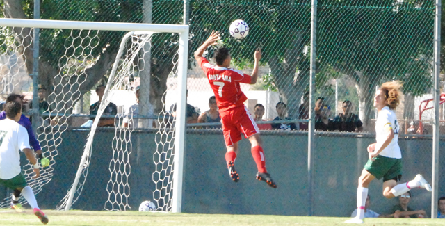 Ivan Orozco heads a shot on goal, creating one of the few scoring opportunities for the Dons in their 1-0 loss to Golden West College.