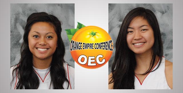 Janelle Flores (left) and Anna Nguyen were each named First-Team All-Orange Empire Conference. Nguyen was the conference's second leading scorer while Flores finished third.