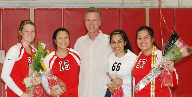 The Dons four sophomores were honored before their final home match. Head Coach Troy Abbey (center) is pictured with (from left to right) Danielle Goldowski, Michelle Nguyen, Alejandrina Alejandro and Netina Moemoe.