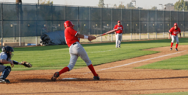 Ryan Aguilar doubles in Cody Bistline from third and Blake Walker from first in the Dons 5-1 win over LA Harbor. Aguilar accounted for four of the Dons five runs.
