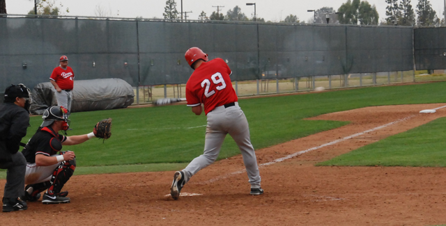 Tyler Madrid size up a pitch moments before driving in Blake Walker for the go-ahead run in the Dons 5-4 win over Palomar College.