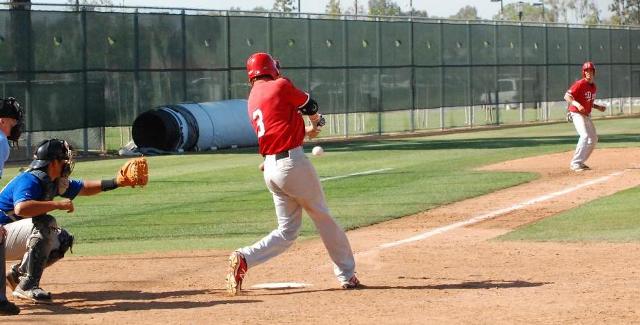 Ryan Aguilar drove this pitch to right field for a two-run triple in the Dons 14-4 win over West Los Angeles College.