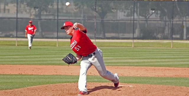 Kevin Clementi delivers a pitch against Riverside City College. After allowing back-to-back singles to start the game, Clementi retired the final 16 batters he faced.