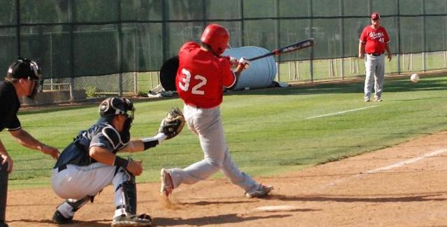 Alex Mascarenas reached base in all six of his plate appearances, including this RBI-single in the seventh inning of the Dons 17-5 win over Cypress College.