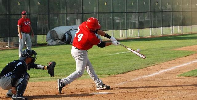 Frankie Nogales drives a ball in the Dons 11-3 win over Fullerton College. Nogales finished 2-for-4 with two RBI.