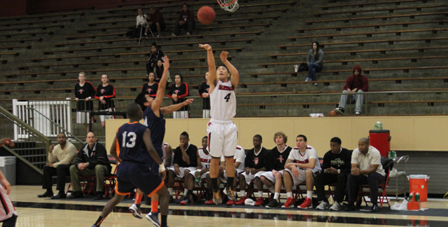 Martin Kim hits a three for the Dons against Orange Coast College. Photo by Tony McAndrew.