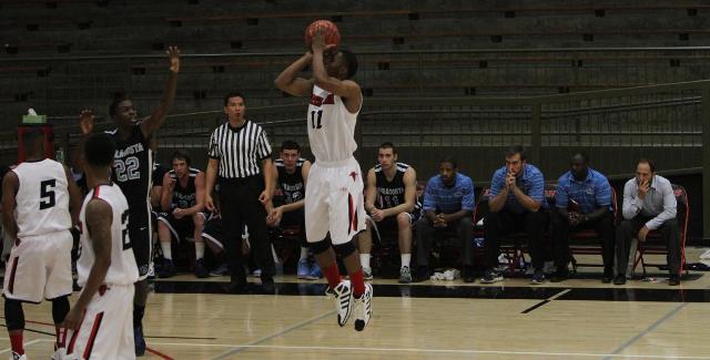 Cammie Lewis elevates for one of his seven three-pointers in the Dons 80-62 win over MiraCosta College. (Photo courtesy of Tony McAndrew)