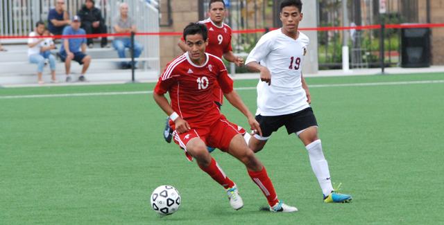 Jose Angulo looks for a teammate in the Dons 3-1 victory over Pasadena City College. Angulo scored a goal and had an assist in the win.