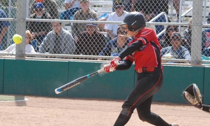 Katlyn Harvey hits this solo home run for the first of eight runs for the Dons in their 8-2 win over Allan Hancock College.