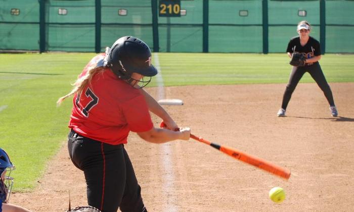 Hattie Marshall hit this ball through the right side for one of the Dons five hits against Santiago Canyon College.