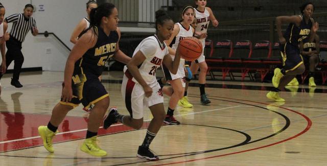 Alexus Lopez gets one of her six steals in the Dons 61-52 win over Merced College. Lopez had two steals during the Dons late rally that helped decide the game. Photo courtesy of Tony McAndrew