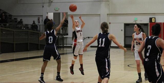 Ashley Whisler shoots one of her five three-pointers in the Dons 84-73 victory over Fullerton College. (Photo courtesy of Tony McAndrew)