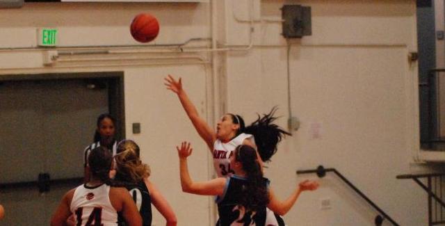 Alysia Gamboa puts up a shot in the Dons 70-61 win over Moorpark College in the semifinals of the Dons host tournament.