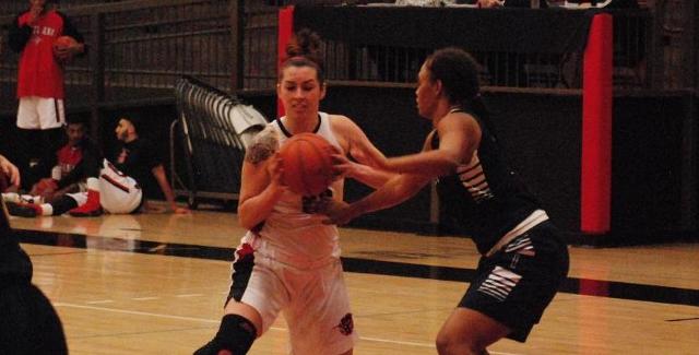 Kylie Rodriguez drives against an Irvine Valley defender. She finished with a team-high 17 points and 10 rebounds.