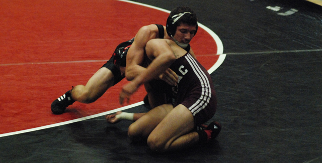 Jacob Blackwell scores a takedown as he won his match 5-1 in the Dons conference dual with Mt. San Antonio College.
