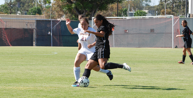 Marisol Quintero sends a pass into the box in the Dons 2-1 loss to Southwestern College. She assisted the Dons lone goal of the game, scored by Kristina Alatorre (not pictured).