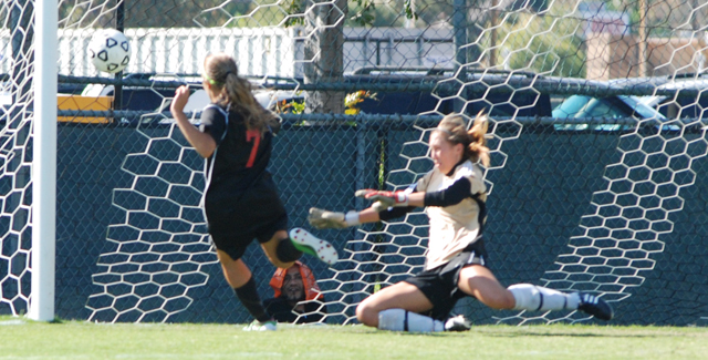 Nicki Munoz buries a shot off a rebound for the Dons lone goal in their 1-1 tie with Saddleback College.