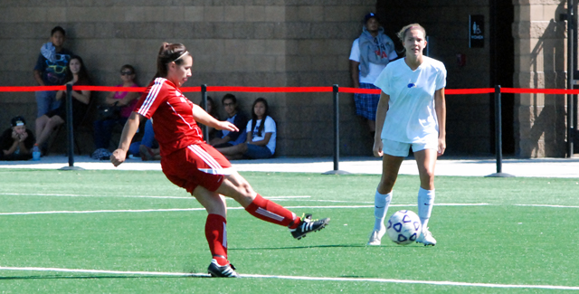 Kristina Alatorre sends in a shot against Santiago Canyon College. The shot, which was one of the Dons best scoring opportunities, hit the crossbar.