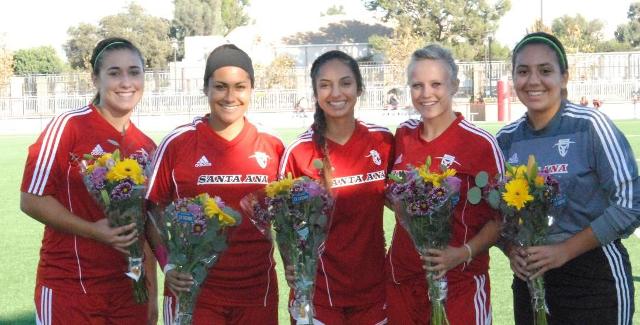 The Dons honored their five sophomores prior to playing Cypress College to a scoreless tie. From left to right, Kristina Alatorre, Tiffany Martinez, Brittany Guerra, Angela Lombard and Katie Delgado.